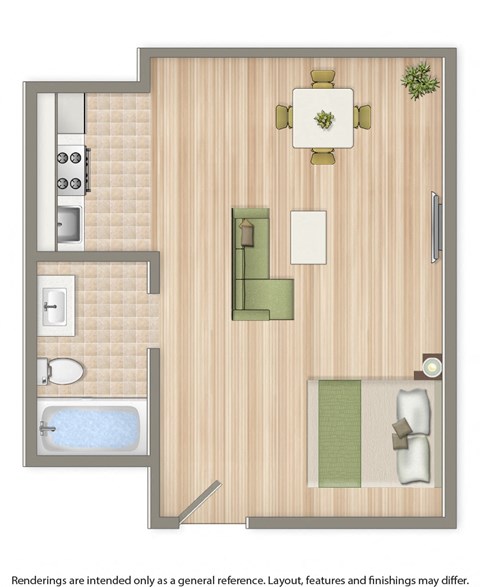 studio apartment floor plan rendering at halley house apartments in washington dc